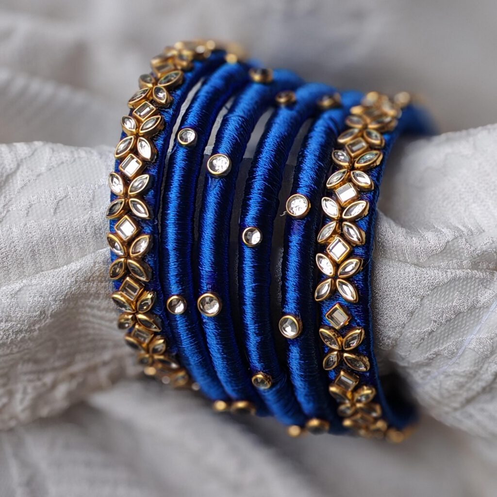 Royal blue silk thread bangle set with kundan stones