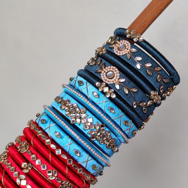 Red and blue silk thread bangle collection set