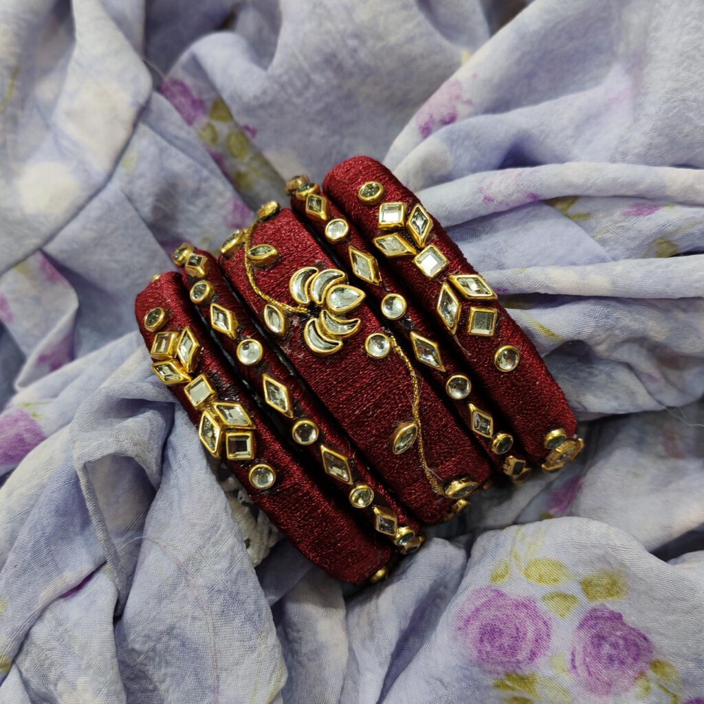 Maroon Silk Thread Bridal Bangles with Kundan