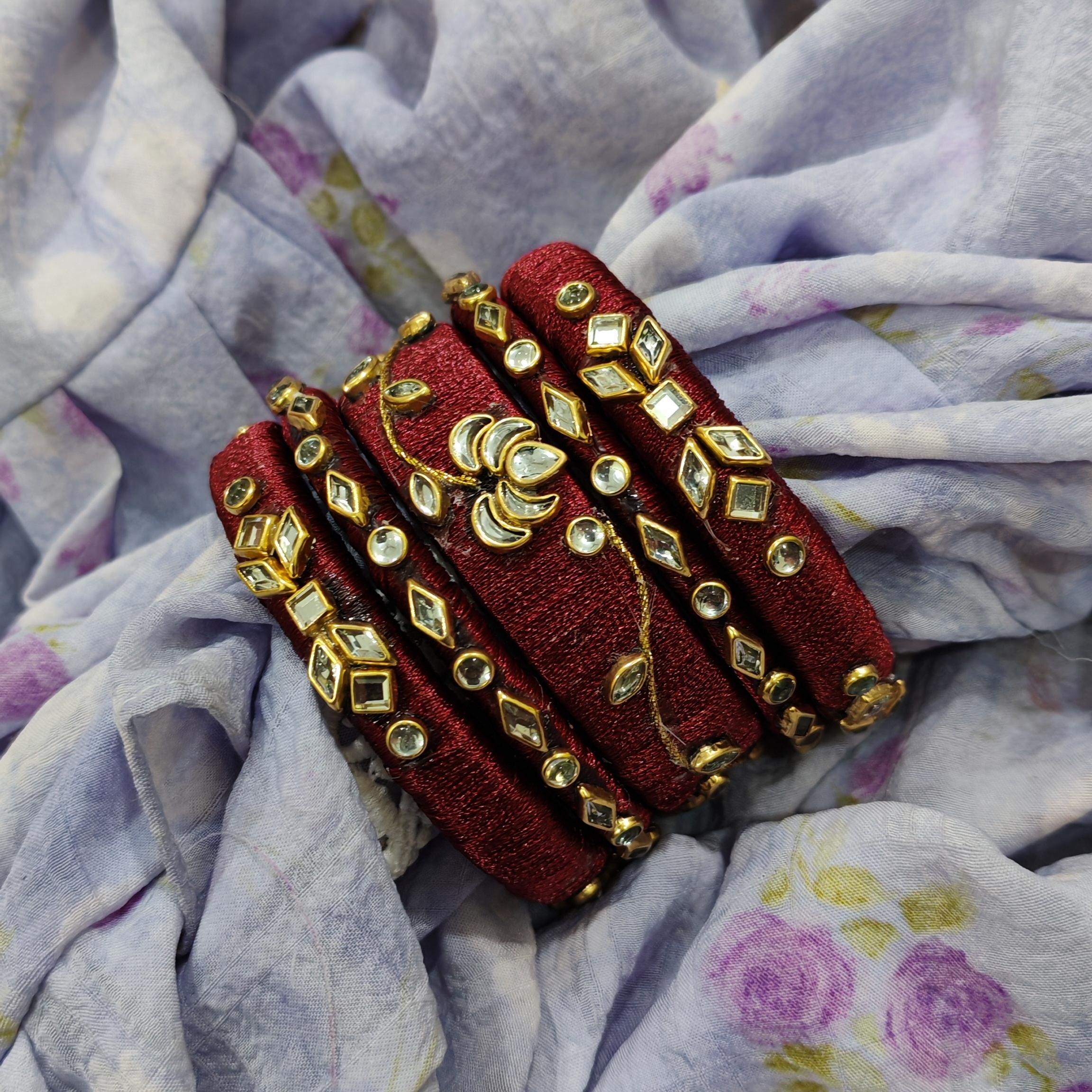 Maroon Silk Thread Bridal Bangles with Kundan