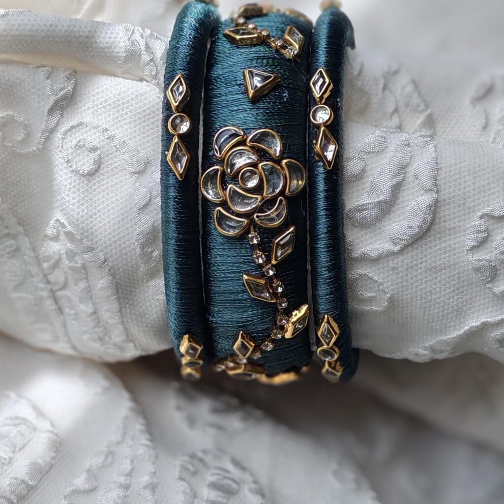 Teal Silk Thread Bangles with Kundan Rose
