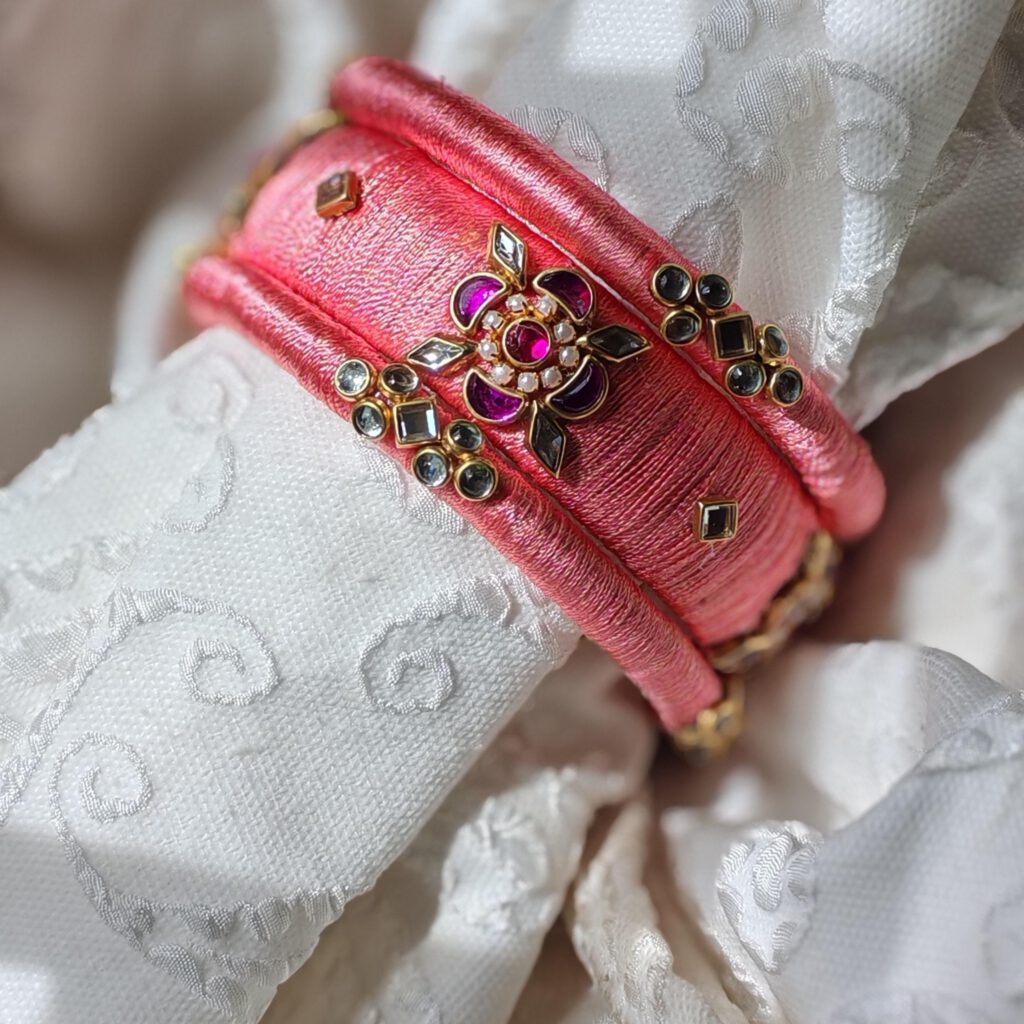 Pink Silk Thread Bangle Set with Kundan Flower