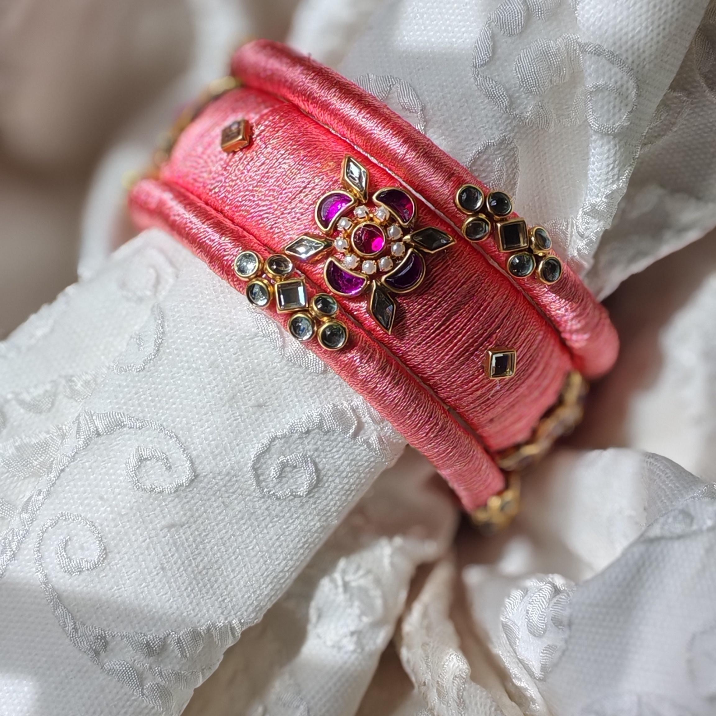 Pink Silk Thread Bangle Set with Kundan Flower